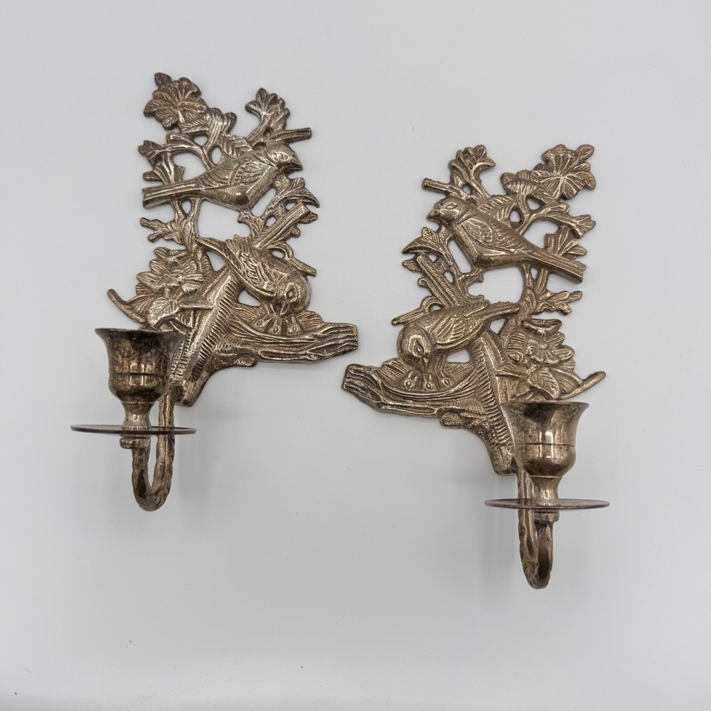 Vintage Silver-Tone Bird & Nest Wall Candle Sconces — Pair, Made in India